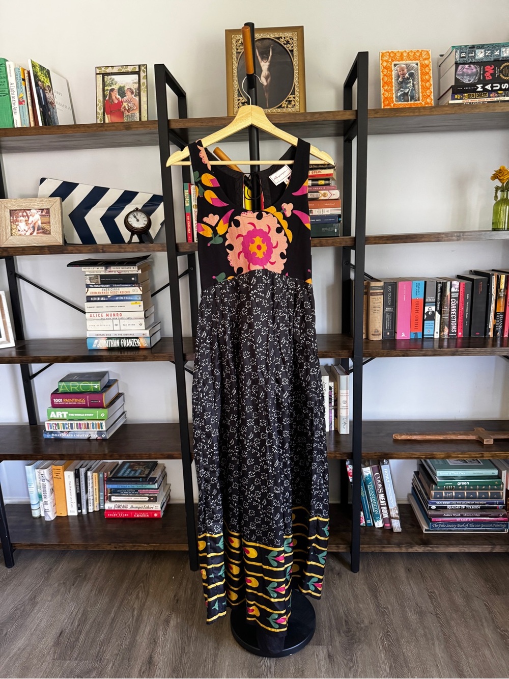 Anthropologie • Silk Maxi Dress with Pink Floral Bodice and Colorful Hem